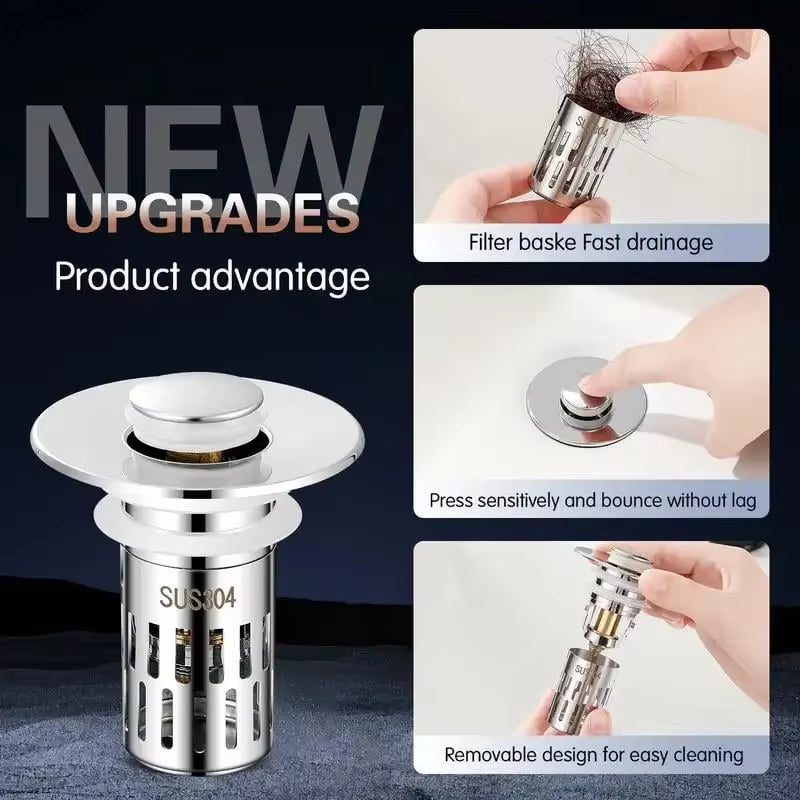 Universal Stainless Steel Drain Strainer Multi Purpose Push to Bounce Core Sink Drain Kitchen Bathroom Sink Universal Drain Kit