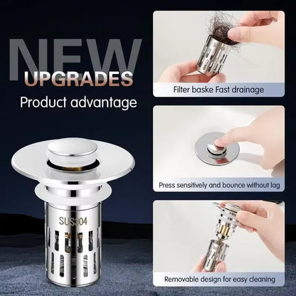 Universal Stainless Steel Drain Strainer Multi Purpose Push to Bounce Core Sink Drain Kitchen Bathroom Sink Universal Drain Kit